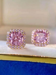 一对优雅粉色立方氧化锆耳钉，适合女性佩戴，适用于婚礼、订婚、周年纪念、派对、情人节等场合。 - 金黃色 - 查看 2