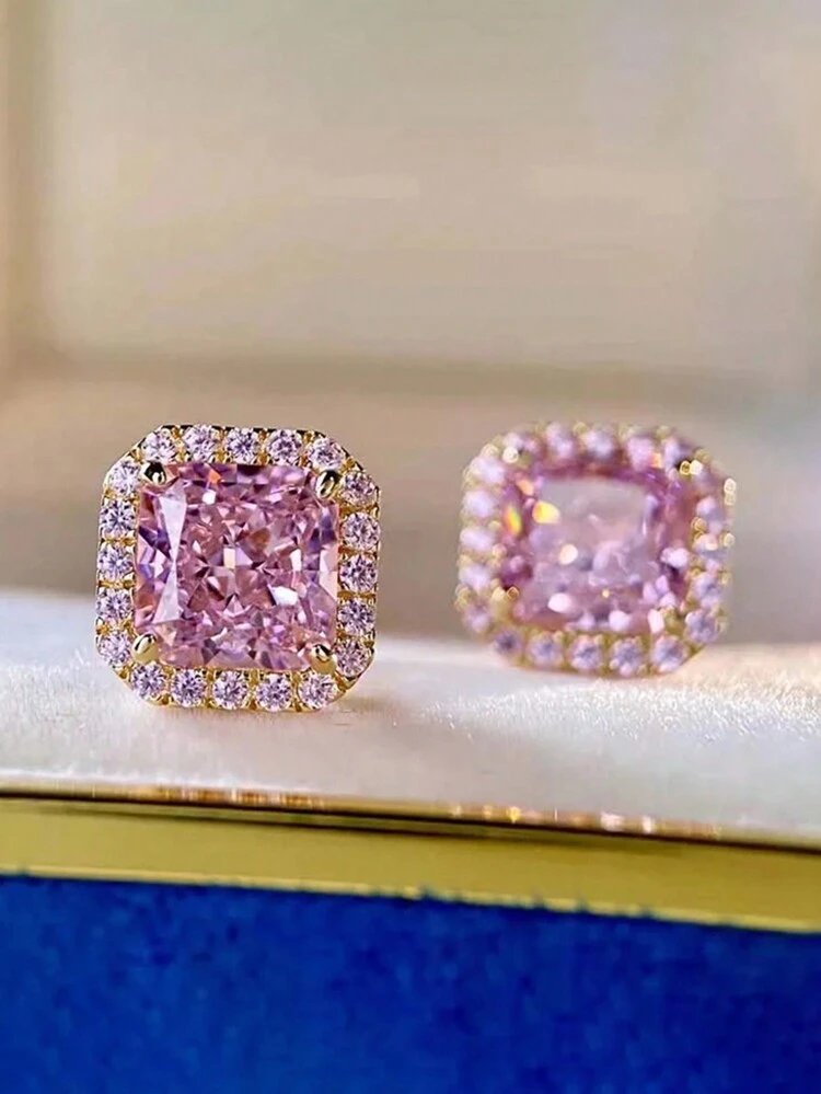 1 Pair Elegant Pink Cubic Zirconia Stud Earrings, Suitable For Women, Suitable For Weddings, Engagements, Anniversaries, Parties, Valentine's Day And Other Occasions