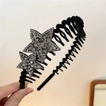 1pc Girls Shiny Star Rhinestone Flocked Headband, Hair Styling Tool & Hair Accessory (Due To Handmade, The Star Color And Position May Slightly Differ From The Picture, Shipped Randomly) - Grey - View 2