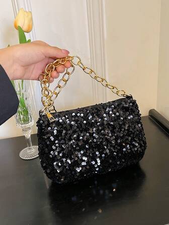 1 件带拉链的闪亮金属链 PU 单肩包，新时尚，休闲，优雅，适合女性，适合外出/购物，便携式手机方形包