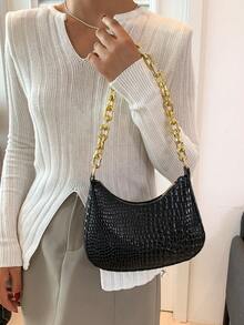 Solid Color Crocodile Pattern Minimalist Women's Shoulder Bag - Black - View 6