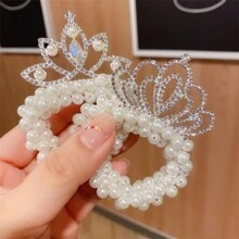 Ensemble D'accessoires Pour Cheveux De Couronne Pour Enfants, 2pcs/ensemble - Style Coréen - Diadème En Perles Et Pince À Cheveux En Alliage, Pour Chignon De Petites Filles - Blanc - Voir 1