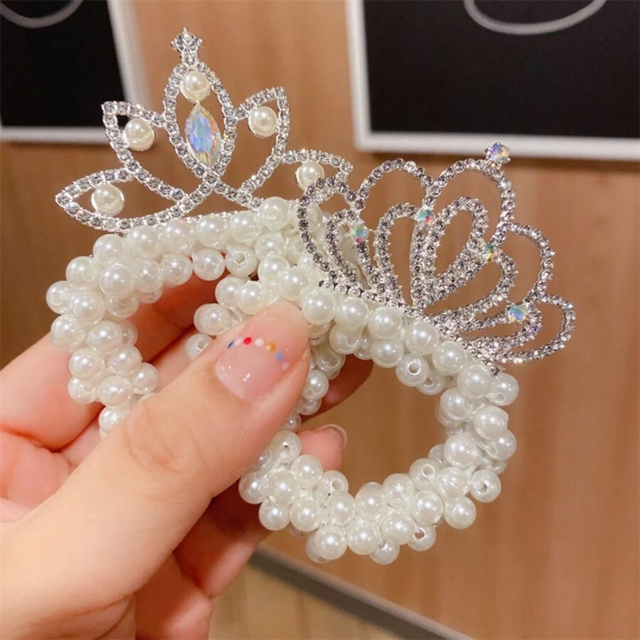 Ensemble D'accessoires Pour Cheveux De Couronne Pour Enfants, 2pcs/ensemble - Style Coréen - Diadème En Perles Et Pince À Cheveux En Alliage, Pour Chignon De Petites Filles - Blanc - Voir 1