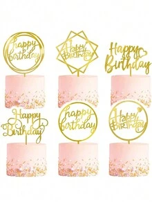 1 Pieza Acrylic Cumpleaños Feliz Topper Pastel Inserciones Con Forma Geométrica Cuadrada Y Circular - Negro - Ver 2