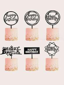 1 Pieza Acrylic Cumpleaños Feliz Topper Pastel Inserciones Con Forma Geométrica Cuadrada Y Circular - Negro - Ver 5