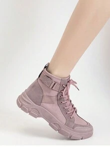 Một Đôi Giày Bốt Nữ 2023 Mùa Xuân Mới Mỏng Thoáng Khí Trung Cao Giày Vải Phong Cách Anh Quốc Chun Gót Boot - Màu tím  Violet - Xem 5