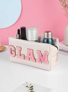 件套雪尼爾字母透明化妝包，Preppy 貼片化妝包帶拉鍊，透明 PVC 和尼龍防水便攜式閃光化妝包適合女式女孩旅行洗漱用品存儲 - 彩色 - 查看 5