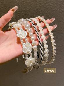 优雅 5 件仿珍珠装饰侧压发带，适合女士头饰情人节情人节、发带、发箍、发饰头带 - 彩色 - 查看 1