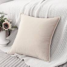 1pc Velvet Edged Pillow Cover Solid Square Cushion Case For Sofa Bedroom Car 18x18 Inch 45x45cm - Beige - View 4