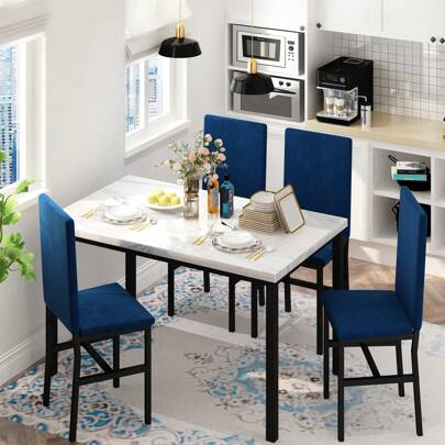 5 Piece Dining Table & Chair Set With 4 Velvet Upholstered And Density Sponge Padded Dining Chairs, Modern Style Rectangle Kitchen Table Furniture Set With Faux Marble Table Top, 4-Person Metal And Wood Breakfast Nook Dinette Set For Kitchen, Dining Room, Restaurant And Bar