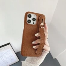 1pc Fashion Solid Color Full Body Shockproof Lychee PU Leather Phone Case With Wrist Strap Stand, Compatible With Apple IPhone 16/15/14/Plus/13/12/11/Pro Max, Galaxy S21 FE/S22/S23/S24/S25 Plus/Note 20 Ultra/A52/A53/A54, Pixel 4 XL, Edge 30, Xperia 10 IV