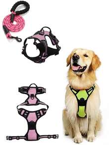 1套/2入組可調節尼龍無拉力狗狗背心套 & 牵引绳套裝,反光带适合大/中型犬 - 粉色 - 查看 2