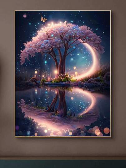 幻想星空風景5d鑽石畫樹,蝴蝶,玫瑰diy馬賽克圓形鑽石刺繡家居牆壁裝飾藝術手工藝品禮物