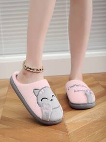 3D招財貓女性秋冬家居拖鞋,可愛貓型室內平底拖鞋 - 粉色 - 查看 3