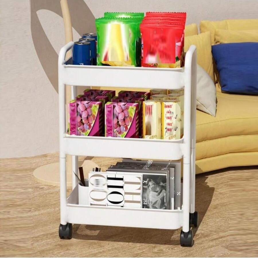 1 pieza Estante de almacenaje de plástico almacenamiento moderno 3 estantes movible con universal ruedas para casa - Blanco - Ver 1