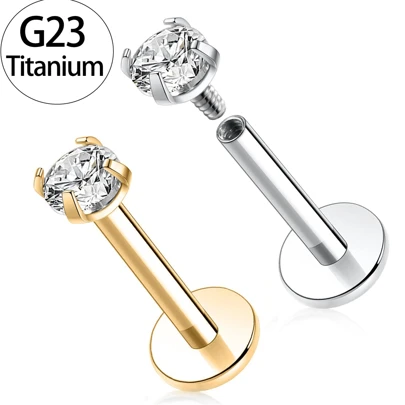1pc Gold G23 Titanium Cubic Zirconia Stud Earring/nose Ring, Suitable For Women/girls Cartilage/lobe/helix/piercing Jewelry With Threaded Twister