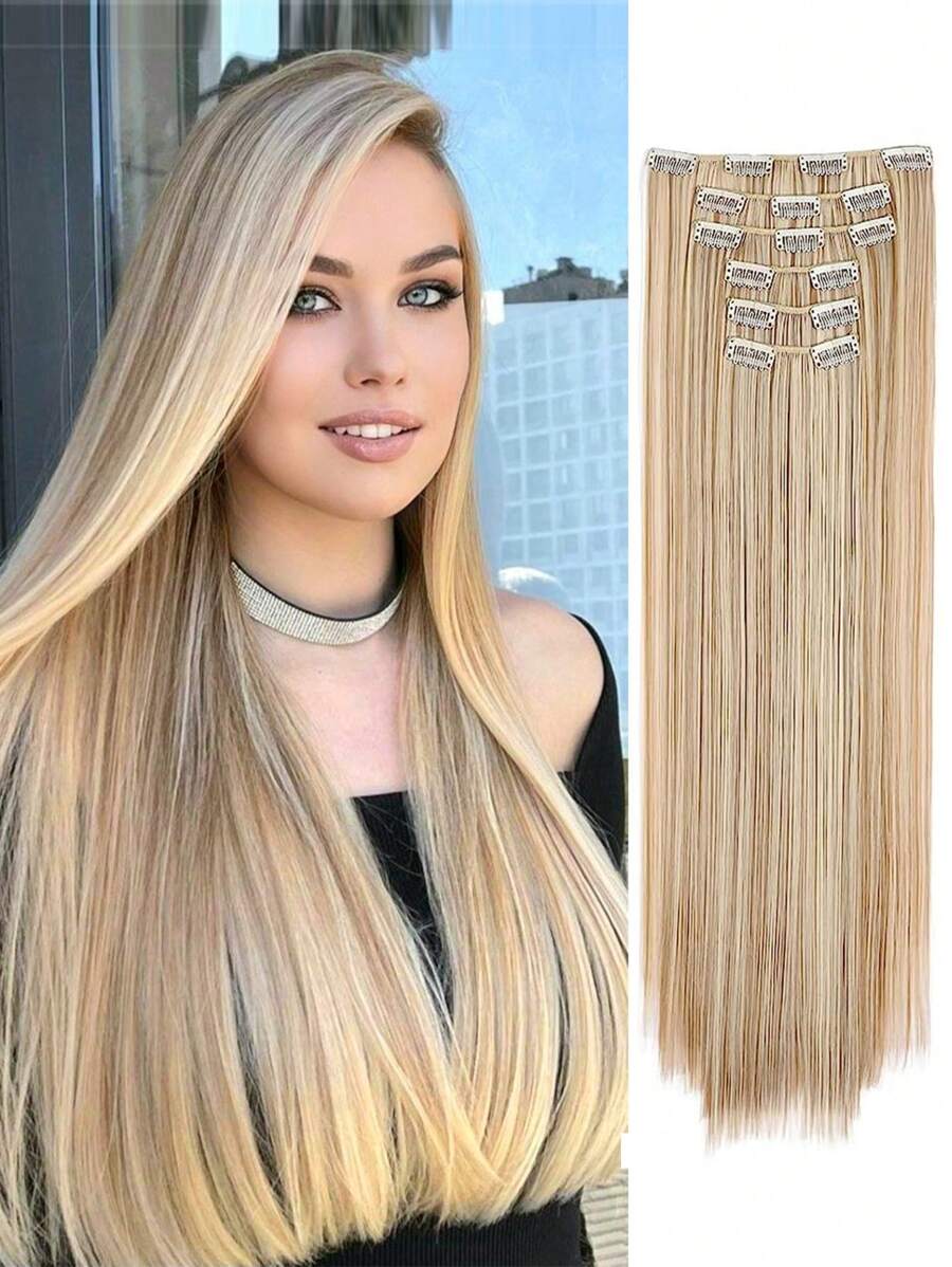 Extensiones de cabello con clip, extensiones de cabello sintético grueso y largo con encaje ligero para mujeres marrón ceniza con reflejos rubios