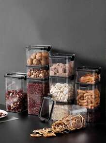 1只精美廚房食物容器谷物穀物分類密封儲物罐,防潮防蟲乾果茶麵條收納盒/黑色