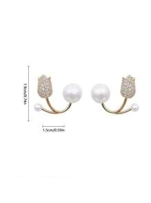 1pair Tulip & Pearl & Rhinestone Stud Earrings - Suitable For Bridal Wear, Wedding & Date - Gold - View 9