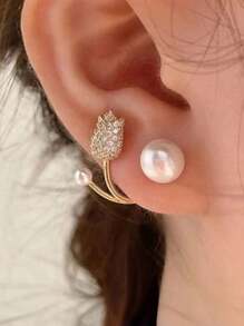 1pair Tulip & Pearl & Rhinestone Stud Earrings - Suitable For Bridal Wear, Wedding & Date - Gold - View 2