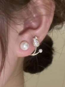 1pair Tulip & Pearl & Rhinestone Stud Earrings - Suitable For Bridal Wear, Wedding & Date - Gold - View 3