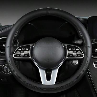 1個 オールシーズン用ナパレザーハンドルカバー、ブラック、直径38cm、円形/Dシェイプ、14.5-15インチのステアリングホイールに適合