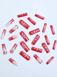 Biến đổi móng tay của bạn với 24 chiếc móng tay vuông dài mới Passion Red Fine Flash Gilt French Edge Amber Streamer Water Drop Diamond Red Fine Flash để chào mừng năm mới Giáng sinh Bộ móng tay giả thiết yếu cho ngày lễ với keo dán 1 chiếc và 1 dải giũa - Nhiều màu - Xem 3