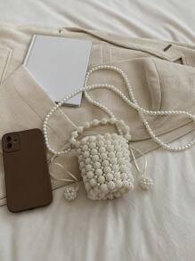 1pc Solid Color Mini Bucket Bag With Contrast Color Plastic Beads & Drawstring Closure, Handwoven Chain Strap, Crossbody Or Shoulder Bag - Beige - View 4