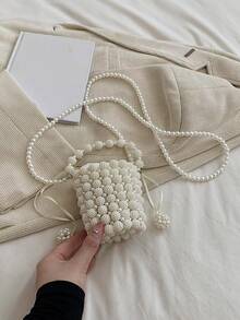1pc Solid Color Mini Bucket Bag With Contrast Color Plastic Beads & Drawstring Closure, Handwoven Chain Strap, Crossbody Or Shoulder Bag - Beige - View 3