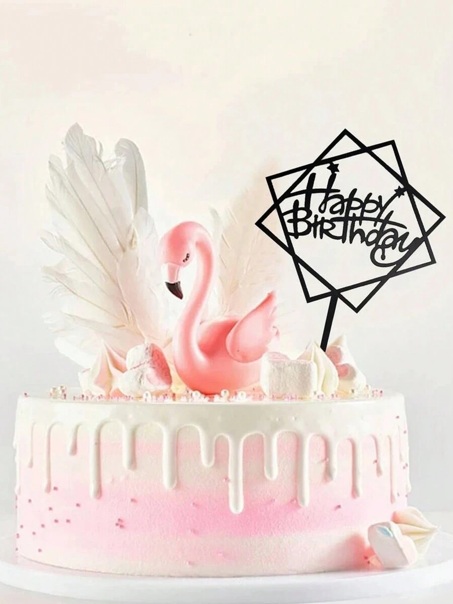1 Pieza Acrylic Cumpleaños Feliz Topper Pastel Inserciones Con Forma Geométrica Cuadrada Y Circular - Negro - Ver 1