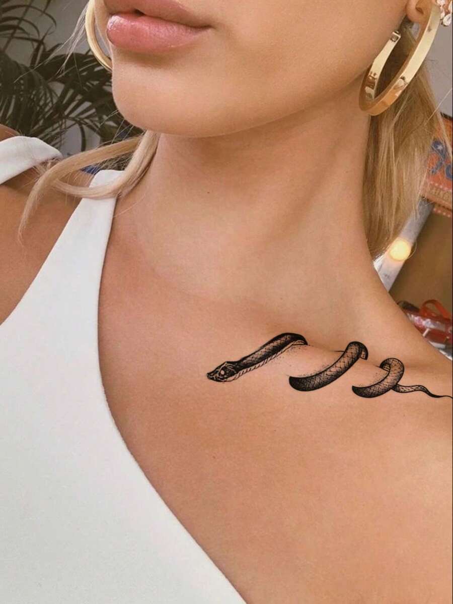 1 Pieza Tatuaje Temporal Negro Con Diseño De Serpiente Abstracta Para Hombro, Cuello, Clavícula Y Cuerpo - Negro - Ver 1