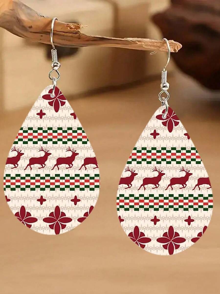1對女士聖誕裝扮用雙面印花馴鹿和水滴形木質吊墜耳環 - 紅色 - 查看 1