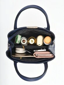 純色女士手提包,雙手柄肩背包,時尚斜跨包,帶吊飾,經典手袋。給媽媽的完美母親節禮物 - 藏蓝色 - 查看 3