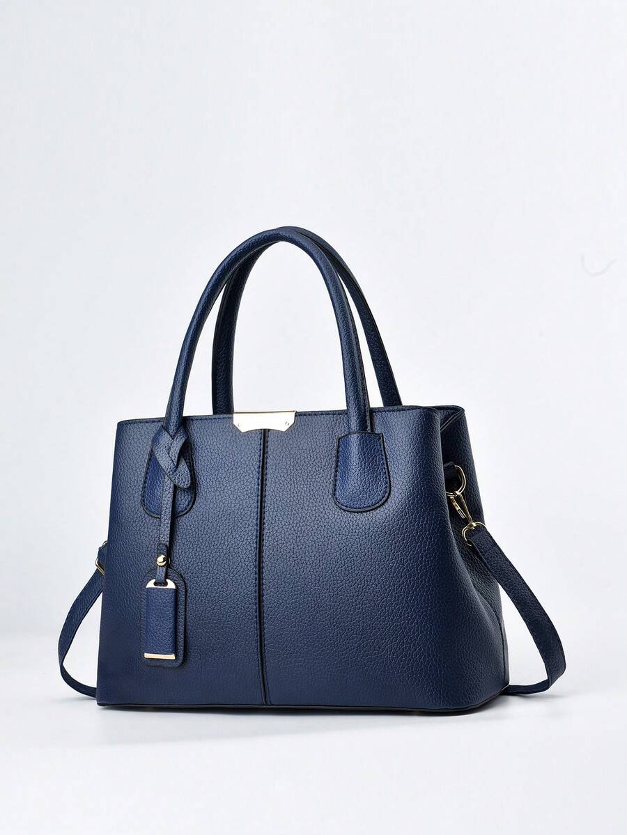 純色女士手提包,雙手柄肩背包,時尚斜跨包,帶吊飾,經典手袋。給媽媽的完美母親節禮物 - 藏蓝色 - 查看 1