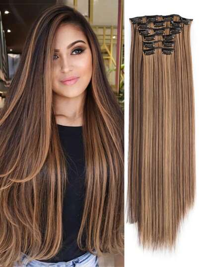 Clip in Hair Extensions, Hair Extensions Thick Long Lace Weft Lightweight Synthetic Hairpieces for Women   Brown with Blonde Highlights