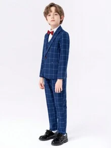 4件套青少年男孩藍色格紋西裝外套馬甲褲子襯衫和領帶套裝，適用於派對和儀式，秋冬季節 - 藍色 - 查看 4