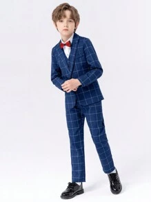4件套青少年男孩藍色格紋西裝外套馬甲褲子襯衫和領帶套裝，適用於派對和儀式，秋冬季節 - 藍色 - 查看 3