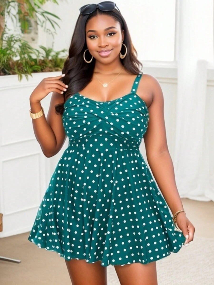 Polka Dot Printed Swimwear Dress - Army Green - View 1