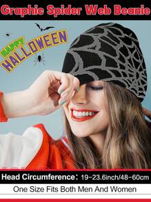Y2K 哥特式蜘蛛图案亚克力针织帽冬季保暖便帽男士休闲骷髅头户外帽黑灰色秋季服装 - 黑色 - 查看 2