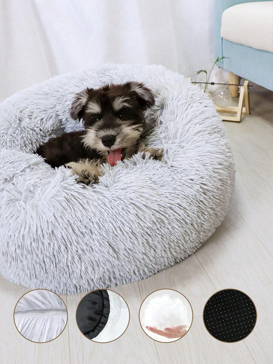 1pc Thickened And Warm Plush Circular Pet Bed Suitable For Different Sizes Of Dogs And Cats - Light Grey - View 1