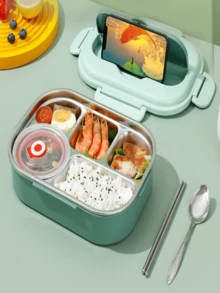 Insulated Lunch Box, Simple Rectangle Shaped Plastic Bento Box With 304 Stainless Steel Inner Container - Pink - View 1