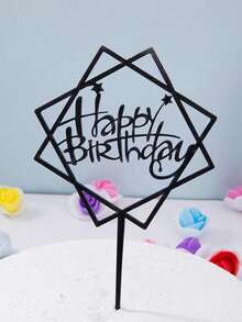 1 Pieza Acrylic Cumpleaños Feliz Topper Pastel Inserciones Con Forma Geométrica Cuadrada Y Circular - Negro - Ver 9