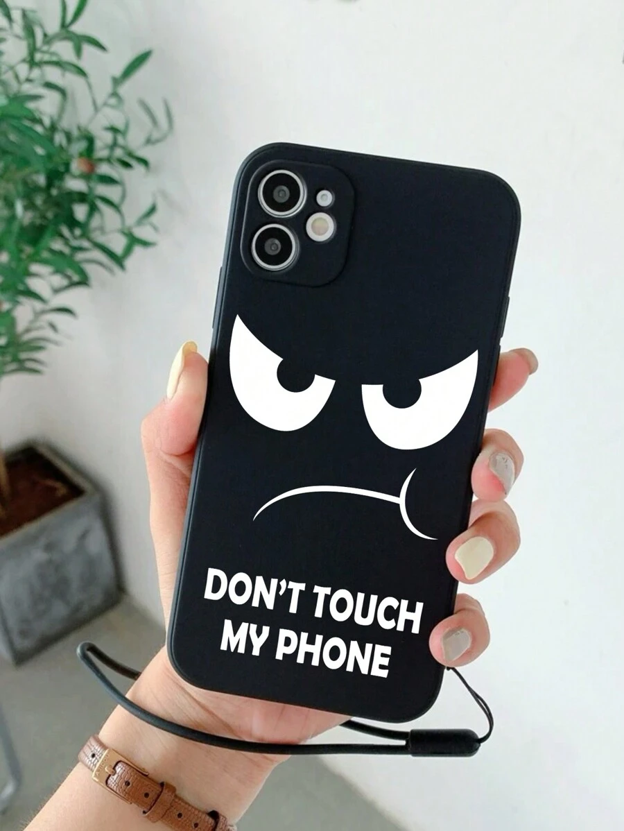 可愛表情圖案軟tpu手機殼,附帶掛繩,防摔保護套,適用於蘋果iphone - 黑與白 - 查看 1