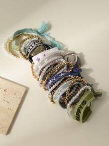 3入組淺藍色手工編織彈性珠串手鍊,帶著「相信」刺繡 - 彩色 - 查看 3