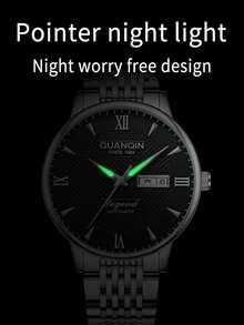 觀琴黑色不銹鋼男士機械機芯礦物玻璃日曆夜光指針防水適合日常佩戴gj16247