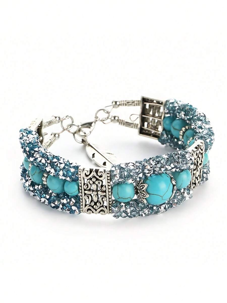 1pc Stainless Steel Wire Bangle With Green Turquoise Stone