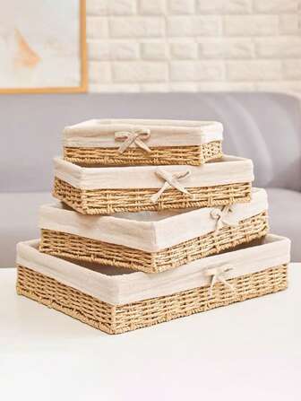 桌面收纳盒化妆品、钥匙、零食托盘，居家客厅藤编收纳整理篮编织篮，波西米亚绳花盆篮，天然混合藤编花园装饰，金属框架波西米亚风篮子，适合户外海岸氛围，几何篮子，适合返校