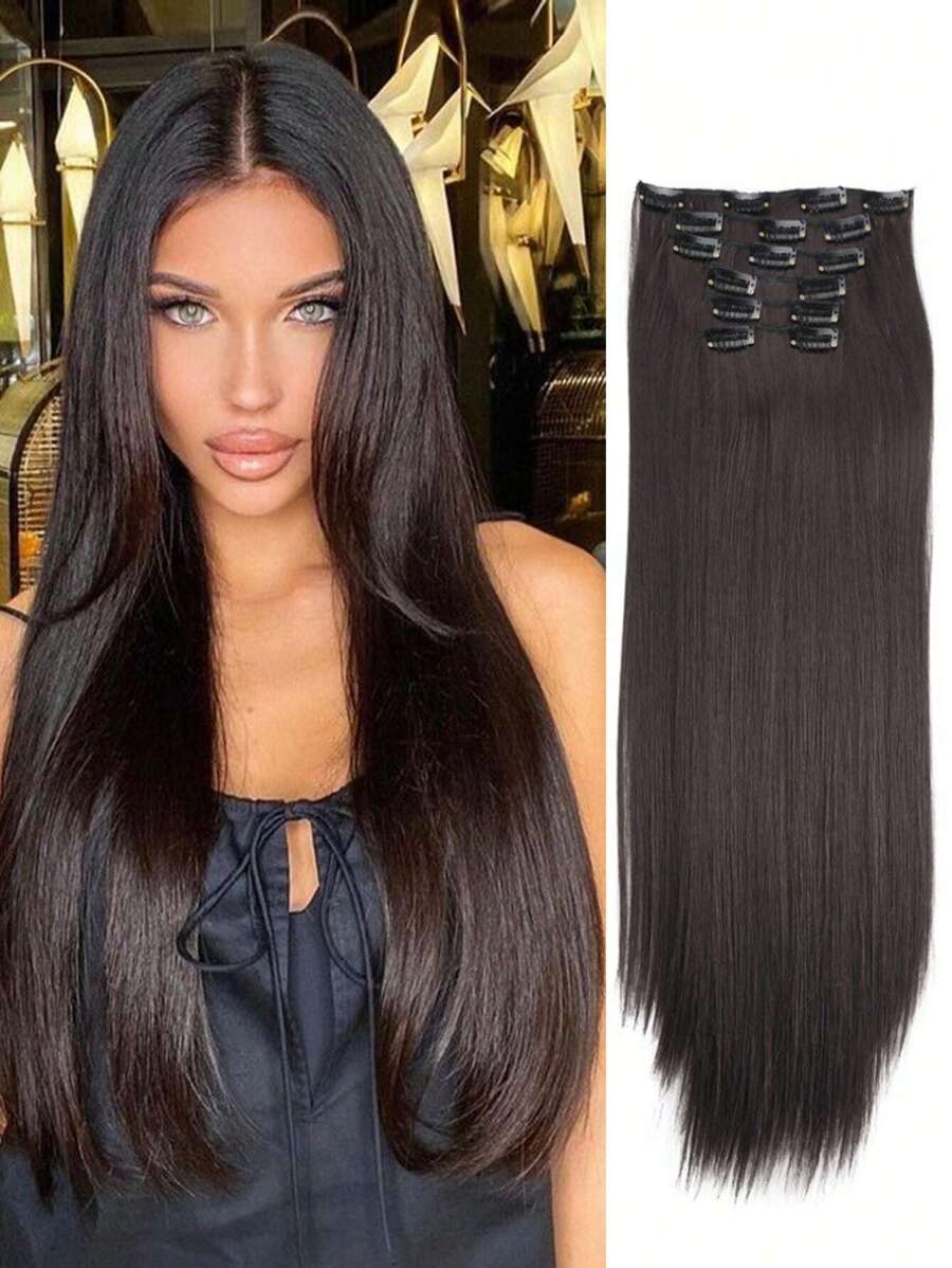 LONAI 6pcs/Set 24-Inch Black & Brown Ombre Straight Clip-In Hair Extensions, Suitable For Women With Natural Hair Texture, Daily Wear, Cosplay And Party