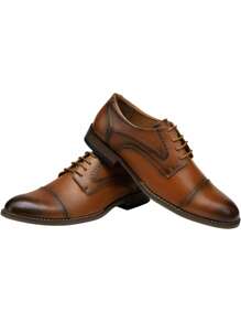 SHOESMALL Men's Formal Polished Brown Dress Shoes Fashion Classic Cap Toe Brogue Business Derby Oxford Work  Shoes - BMY636 màu nâu bóng - Xem 2