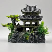 1pc Resin-made Aquarium Decoration Cloud And Crane Tower - Faux Mountain Resin House Building Landscape Ornament For Fish Tank